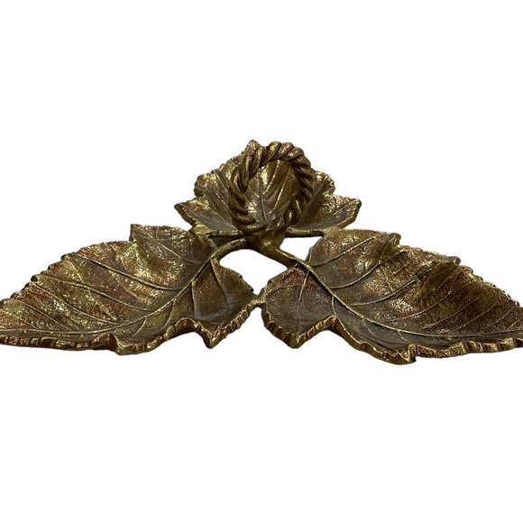 Cast Metal Veined Grape Leaf Trio Candy/Trinket Dish w/ Handle, Brass-color, EUC - Picture 3 of 9
